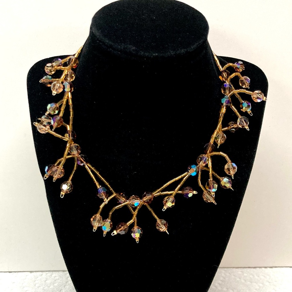 DOL Amber & AB Austrian Crystal Bead Choker Necklace 16.5" Made in USA
